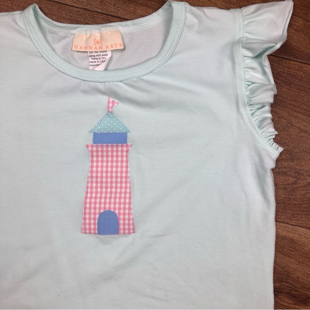 Hannah Kate Light Blue Pink Lighthouse Flutter Sleeve Top